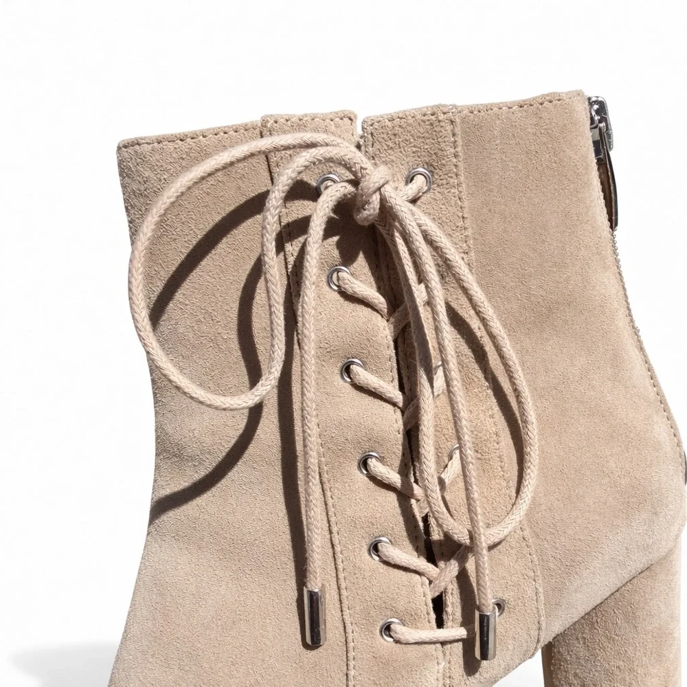 Kendall & Kylie Taupe Suede Lace-Up Ankle Booties Pointed Toe Block Heel - Picture 8 of 13
